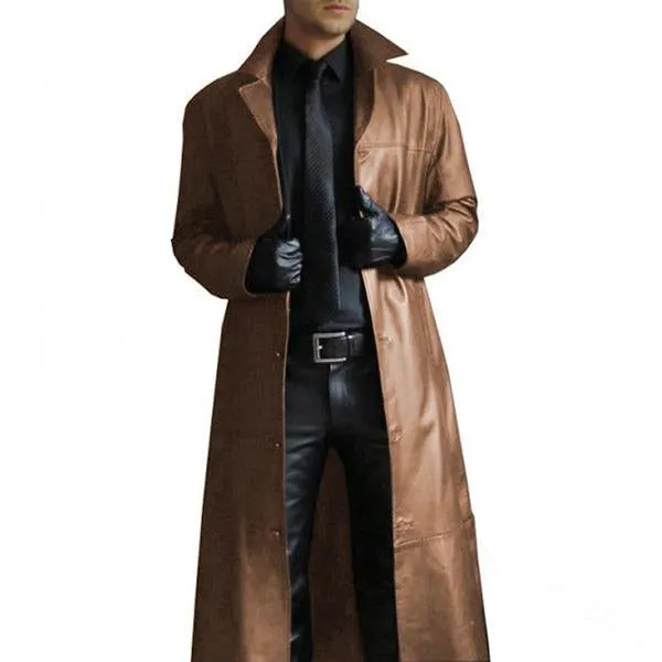 Men's Slim Fit Lapel Solid Leather Long Trench Coat 50851247M sold by Manly