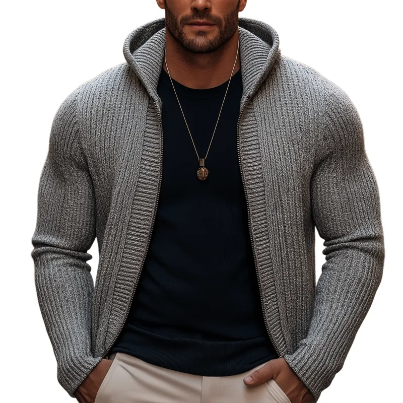 Men's Basic Solid Color Slim Fit Hooded Zip-up Knit Cardigan MTA1113K7U sold by Manly