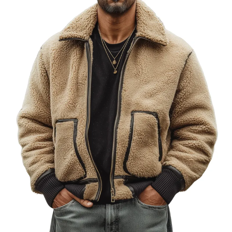 Men's Winter Urban Camel-colored Faux Lamb Wool Zip-up Jacket MTA1148K6U sold by Manly
