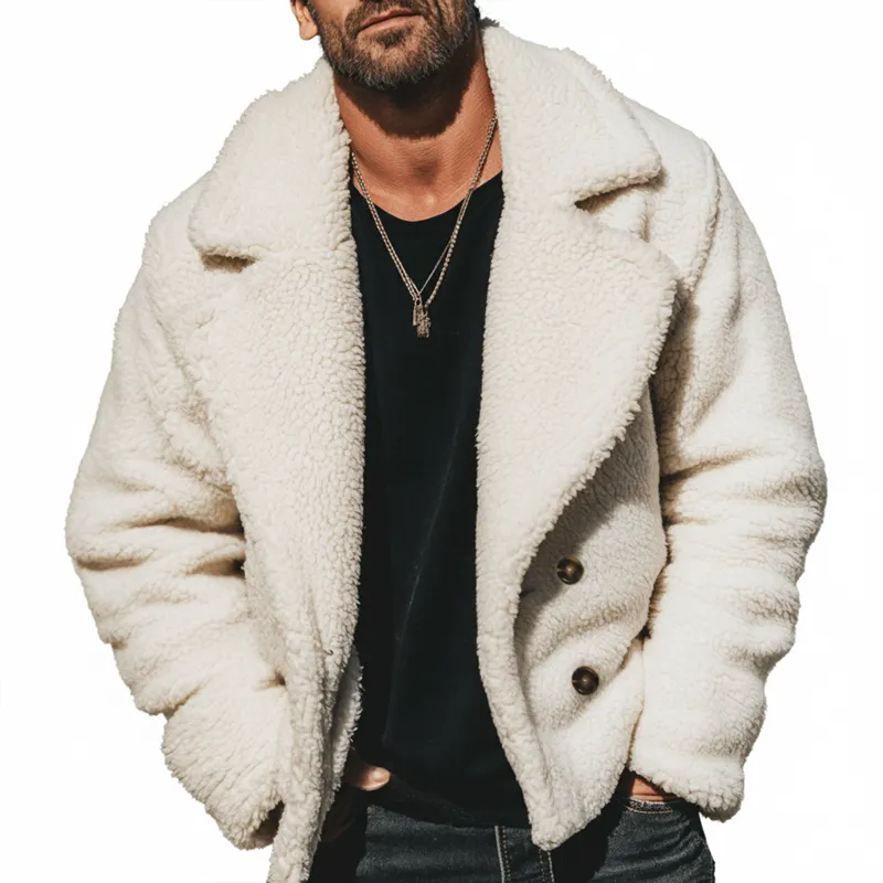 Men's Urban Double-Breasted Notched Lapel Faux Lambswool Jacket MTA1112K2U sold by Manly