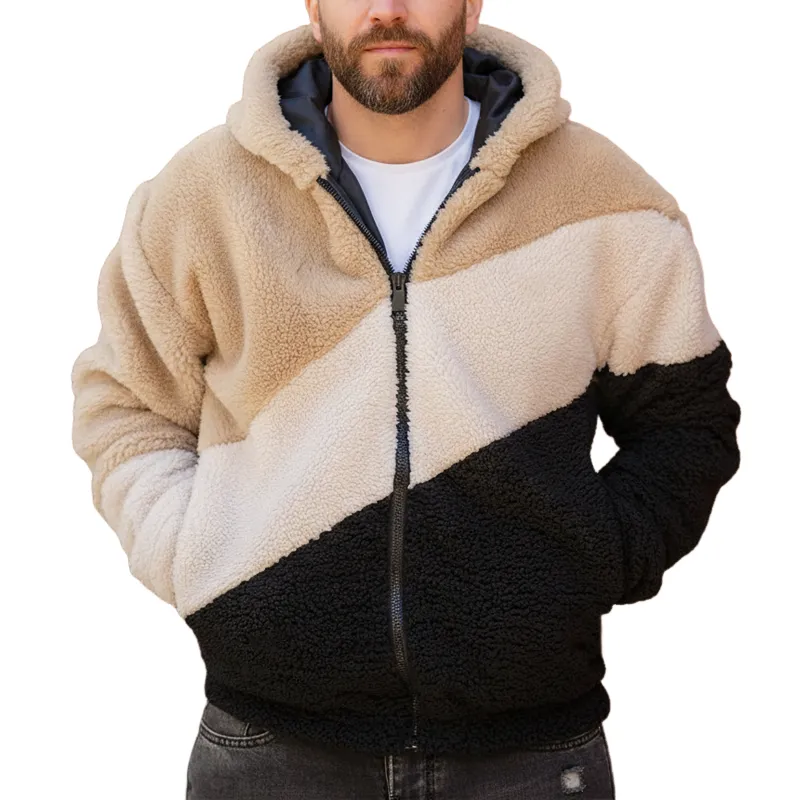 Men's Classic Color Block  Faux Lambswool Zip-Up Hooded Jacket MTA1106K7U sold by Manly