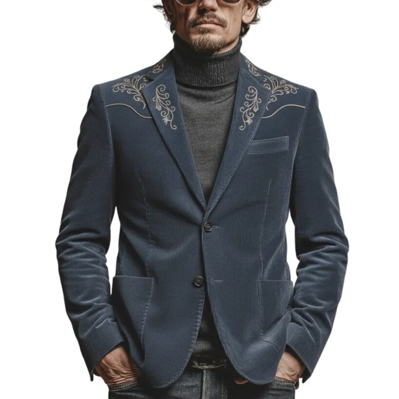 Men's Classic Retro Western Style Embroidered Corduroy Single-breasted Blazer MTA1198K7K sold by Manly