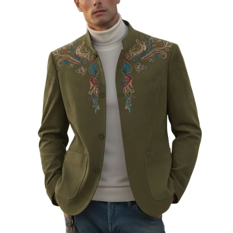 Men's Classic Retro Western Style Stand-up Collar Embroidered Faux Suede Jacket MTA1194K5K sold by Manly