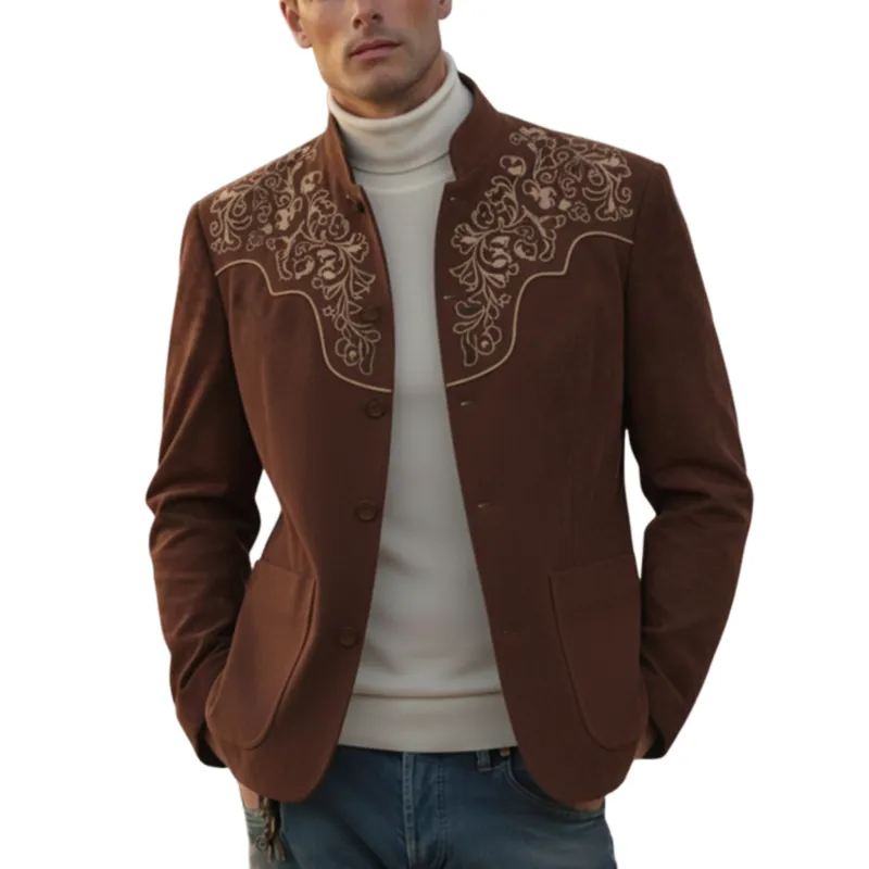 Men's Classic Retro Western Style Stand Collar Embroidered Faux Suede Single-Breasted Jacket MTA1168K5K sold by Manly