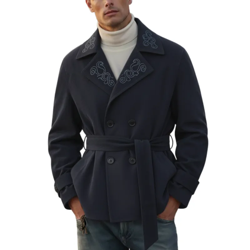 Men's Classic Retro Western Style Lapel Embroidered Faux Suede Double-breasted Jacket MTA1145K2K sold by Manly