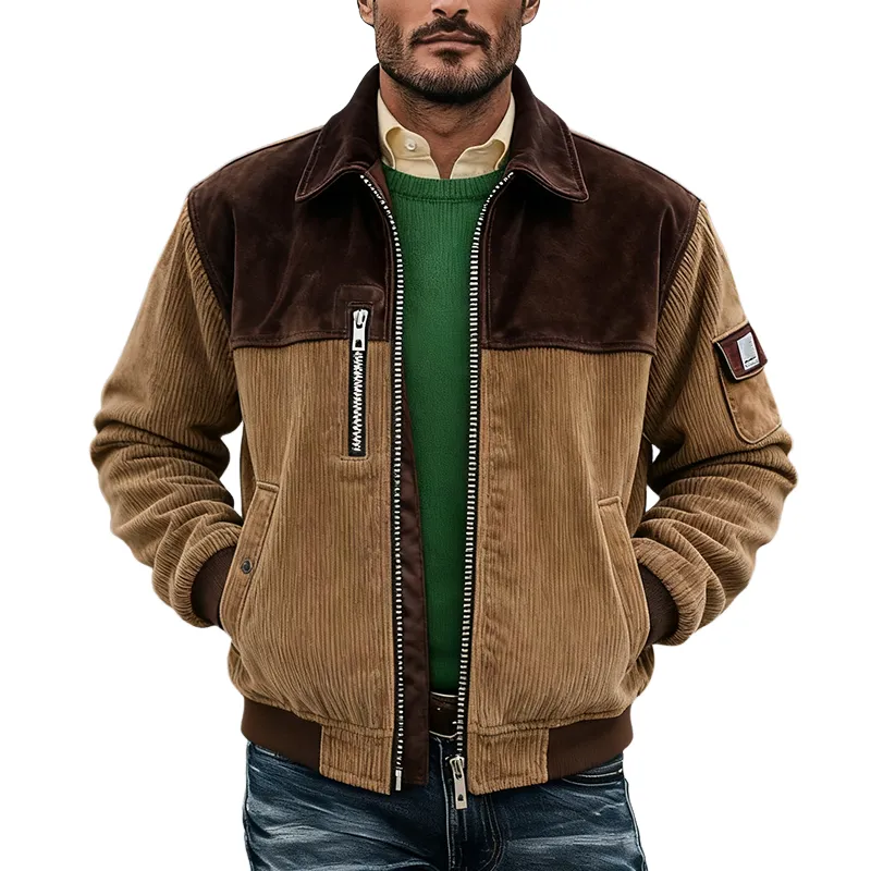 Men's Retro Color Block Faux Suede Corduroy Zip-Up Jacket MTA1165K8X sold by Manly