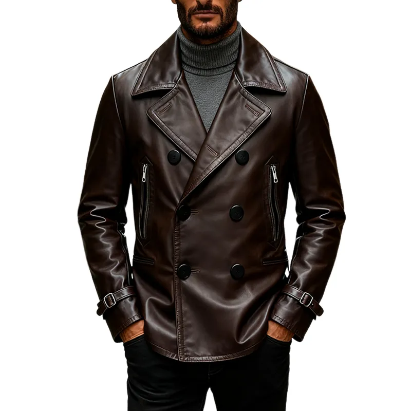 Men's Retro Solid Color Lapel Double-Breasted PU Mid-Length Leather Coat MTA1113K6X sold by Manly