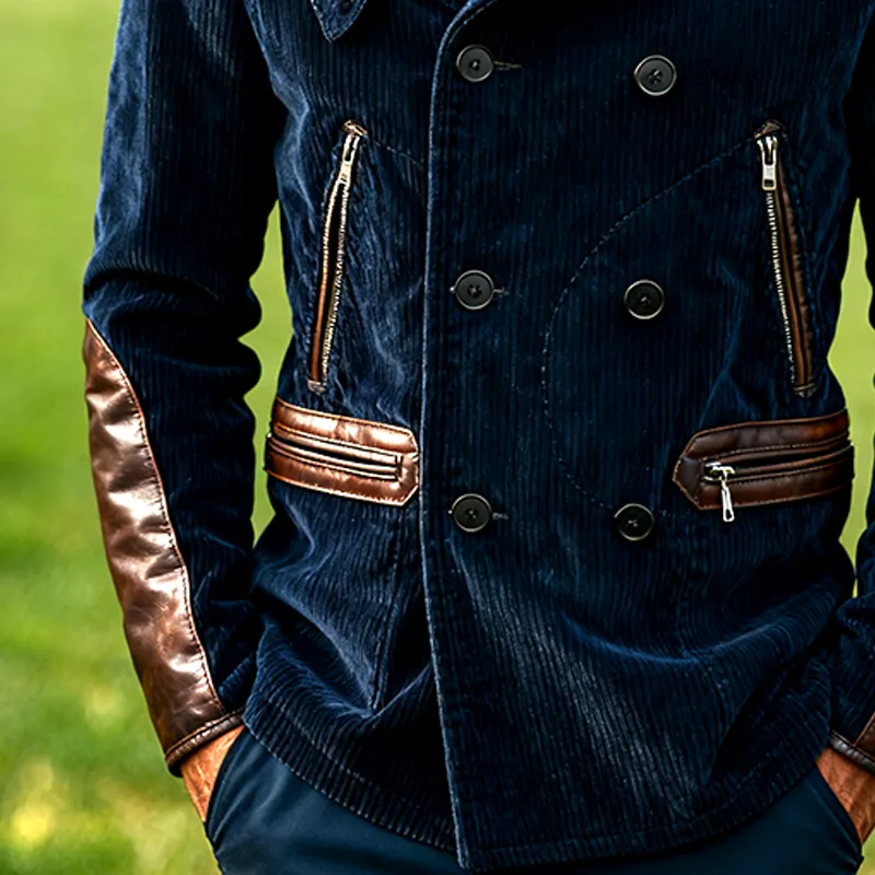 Men's Corduroy Retro Patchwork PU Button Jacket MTA1198K6X sold by Manly product image thumbnail 4