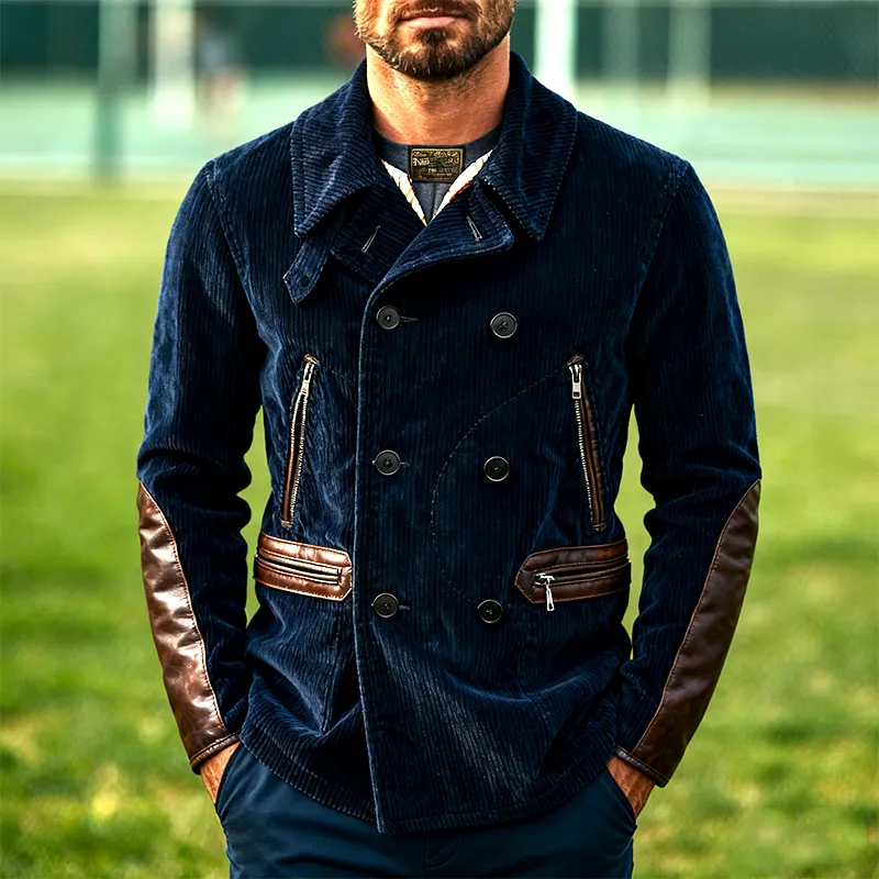 Men's Corduroy Retro Patchwork PU Button Jacket MTA1198K6X sold by Manly product image thumbnail 2