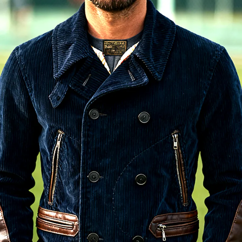 Men's Corduroy Retro Patchwork PU Button Jacket MTA1198K6X sold by Manly product image thumbnail 3