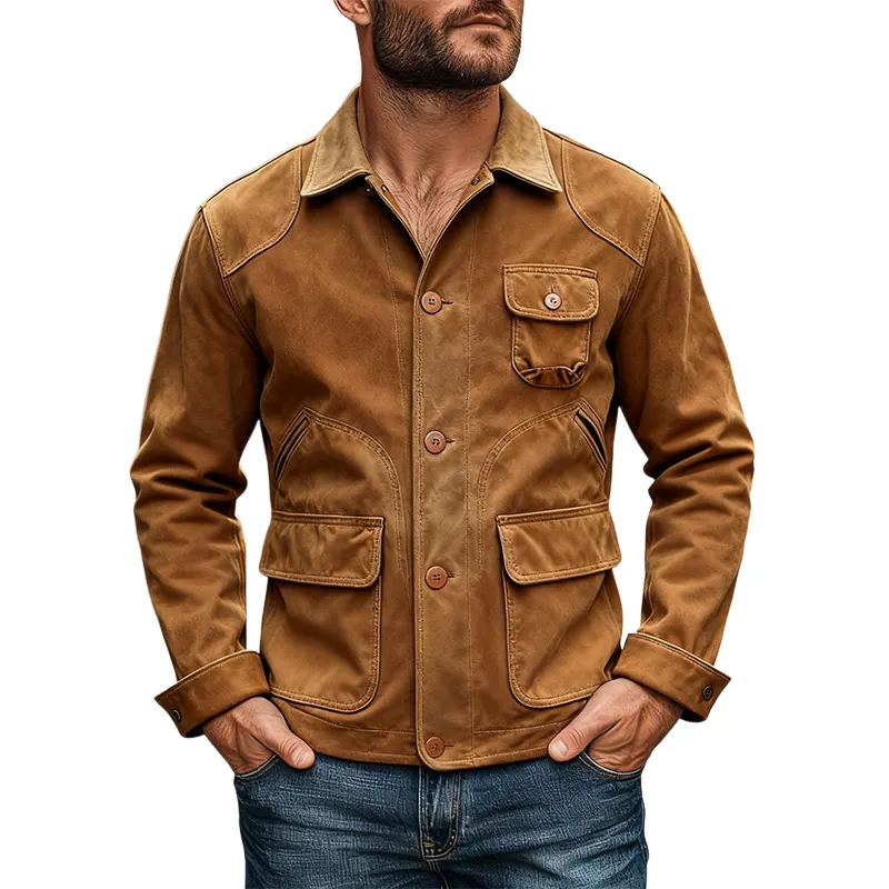 Men's Washed Cotton Lapel Multi-pocket Work Jacket MTA1115K8X sold by Manly