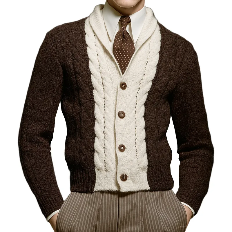 Men's Retro Casual Color Block Cable Knit Button Cardigan MTA1053K4TO sold by Manly