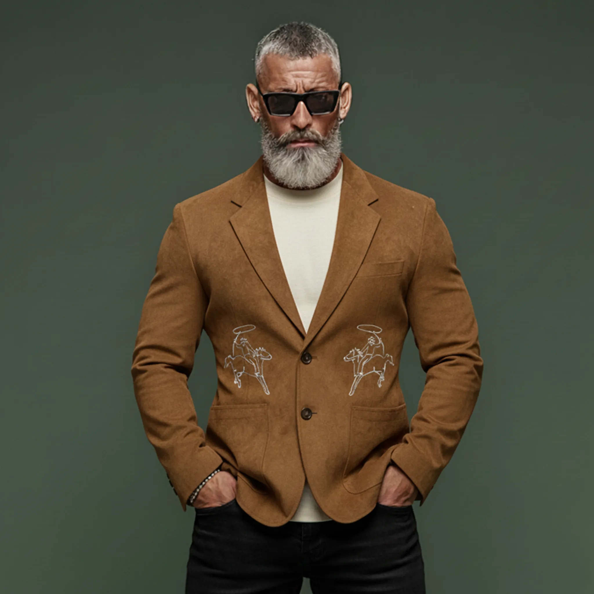 Men's Classic Retro Embroidered Faux Suede Slim-fit Blazer MTA1098K0K sold by Manly product image thumbnail 2