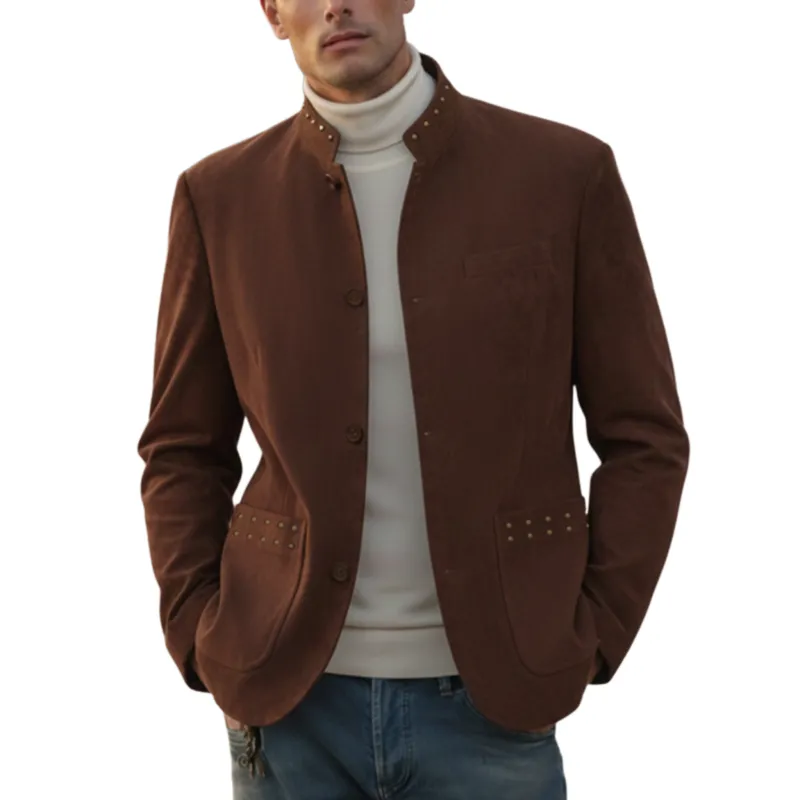 Men's Classic Retro Western Style Stand-up Collar Metal Studded Faux Suede Jacket MTA1045K4K sold by Manly