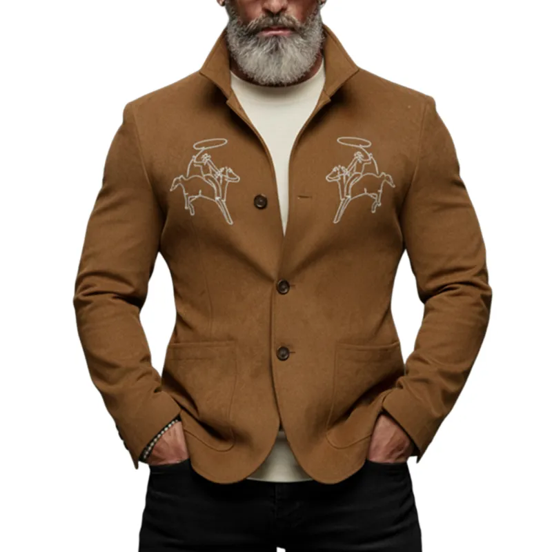 Men's Classic Retro Stand-up Collar Embroidered Faux Suede Slim Fit Jacket MTA1061K1K sold by Manly