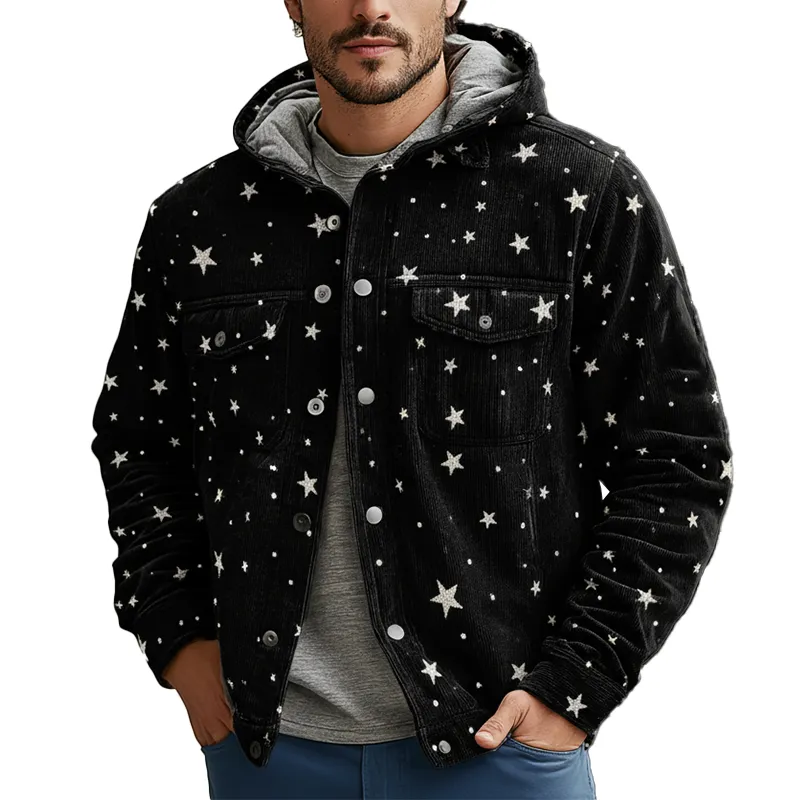 Men's Winter Retro Star Print Velvet Hooded Jacket MTA1085K9P sold by Manly
