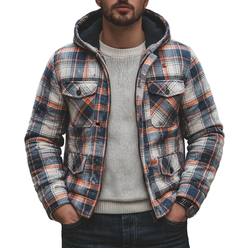 Men's Winter Retro Distressed Plaid Hooded Warm Jacket MTA1062K4P sold by Manly