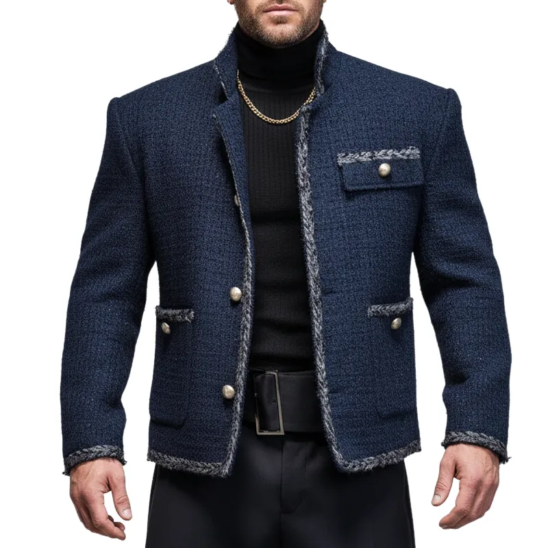 Men's Navy Blue Classic Chanel-Style Stand Collar Jacket MTA1067K3U sold by Manly