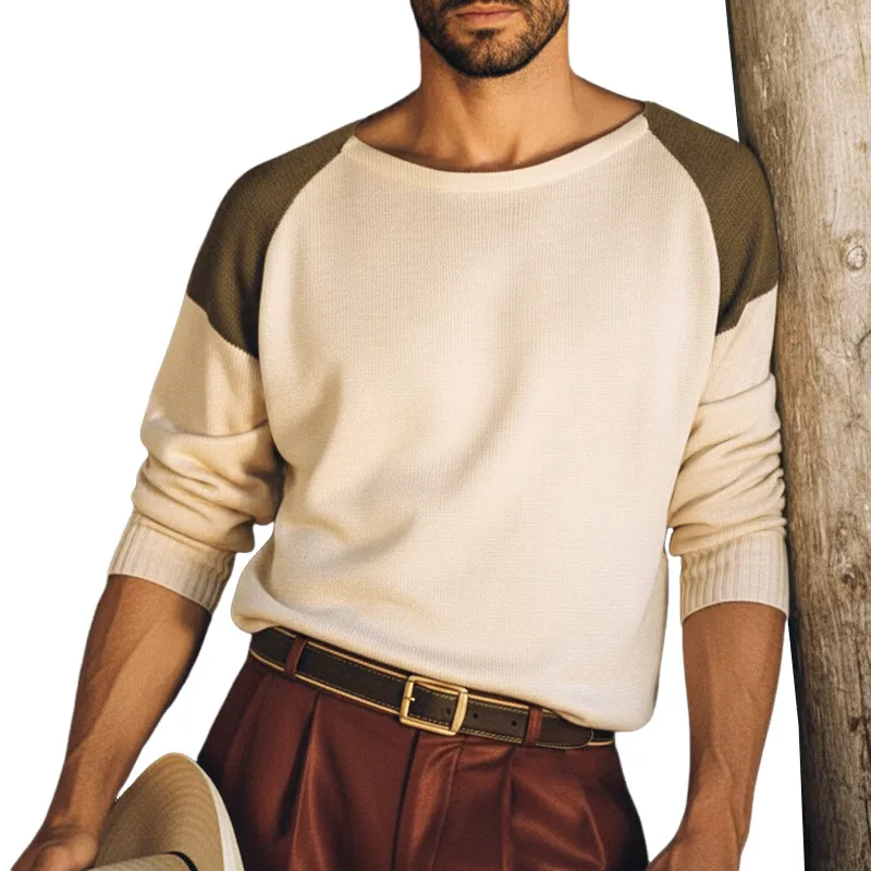 Men's Retro Color-Blocked Shoulder Crew Neck Casual Knit Sweater MTA1056K1U sold by Manly