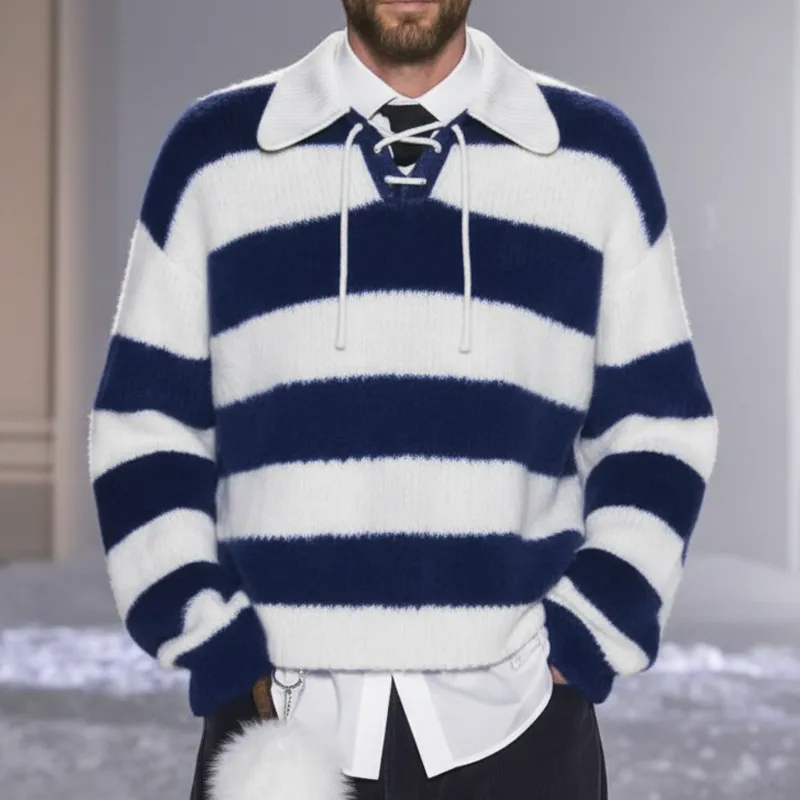 Men's Fashion Color Block Striped Tie-Neck Casual Knit Sweater MTA1068K7U sold by Manly product image thumbnail 3