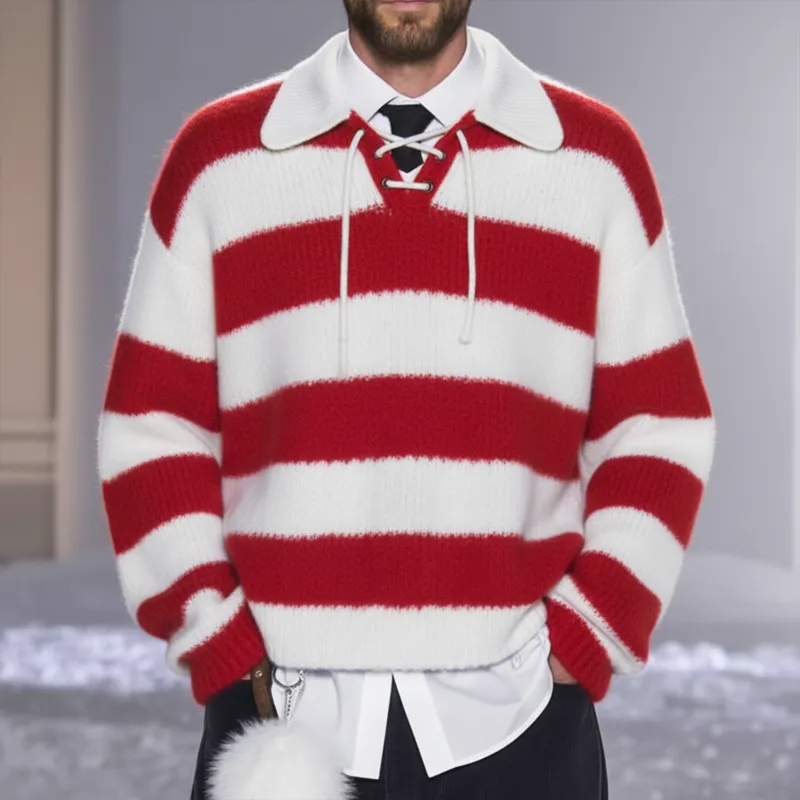 Men's Fashion Color Block Striped Tie-Neck Casual Knit Sweater MTA1068K7U sold by Manly product image thumbnail 4