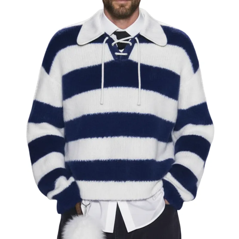 Men's Fashion Color Block Striped Tie-Neck Casual Knit Sweater MTA1068K7U sold by Manly