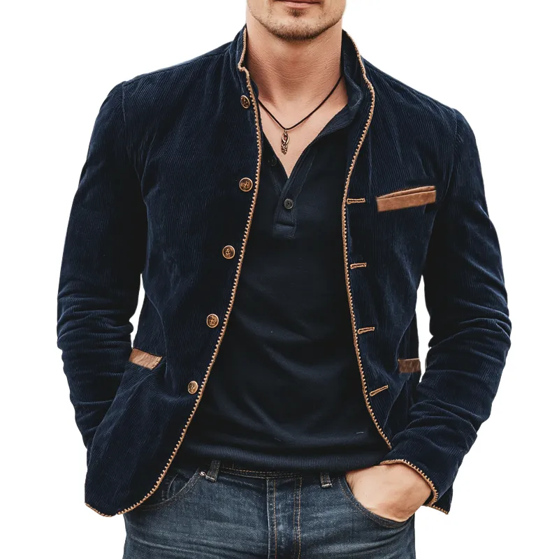 Men's Retro Corduroy Stand Collar Multi-Button Jacket MTA0886K0U sold by Manly