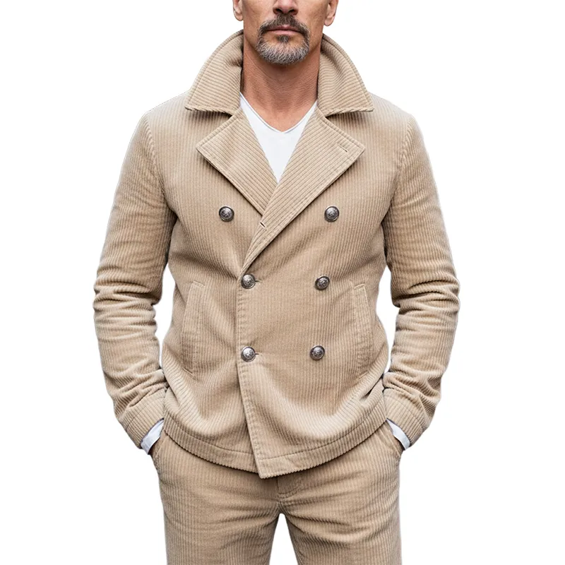 Men's Solid Color Retro Corduroy Lapel Double-breasted Jacket MTA0879K0X sold by Manly