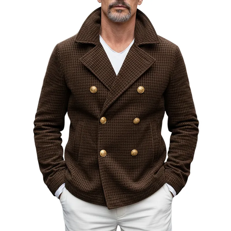 Men's Textured Lapel Double-Breasted Solid Color Retro Jacket MTA0879K1X sold by Manly