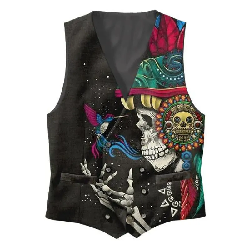 Men's V-Neck Ethnic Skull Print Double Breasted Vest 41850346M sold by Manly