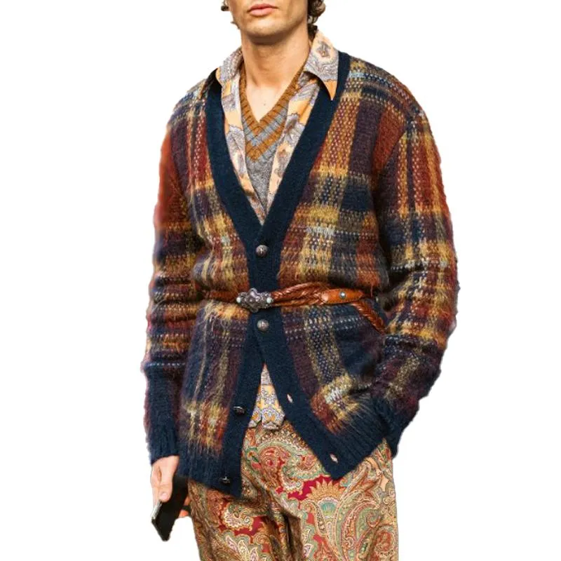 Men's Vintage Colorful Plaid Collarless Cardigan (Without Belt)16788171Y sold by Manly