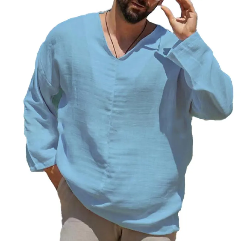 Men's Casual Solid Color Cotton And Linen V-Neck Long-Sleeved Shirt 19196786Y sold by Manly