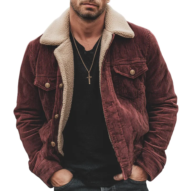 Men's Dark Red Corduroy Warm Lambswool Lined Button Jacket MTA1395K2U sold by Manly