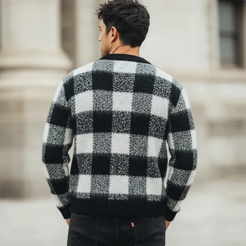 Men's Urban Three-Button Henley Collar Checkered Knit Sweater MTA1496K7U sold by Manly product image thumbnail 4