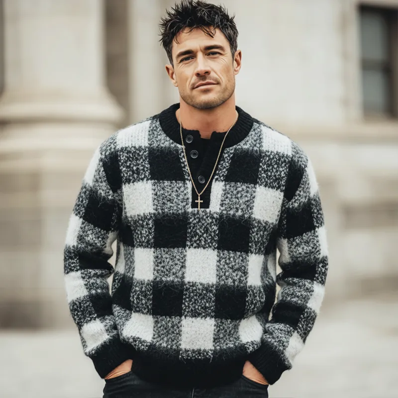 Men's Urban Three-Button Henley Collar Checkered Knit Sweater MTA1496K7U sold by Manly product image thumbnail 2