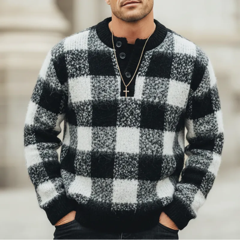 Men's Urban Three-Button Henley Collar Checkered Knit Sweater MTA1496K7U sold by Manly product image thumbnail 5