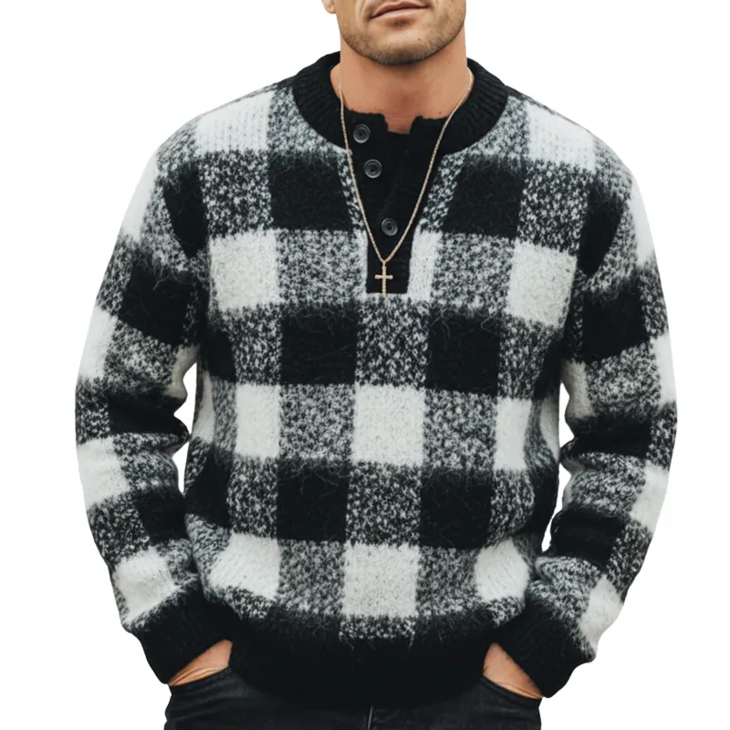 Men's Urban Three-Button Henley Collar Checkered Knit Sweater MTA1496K7U sold by Manly
