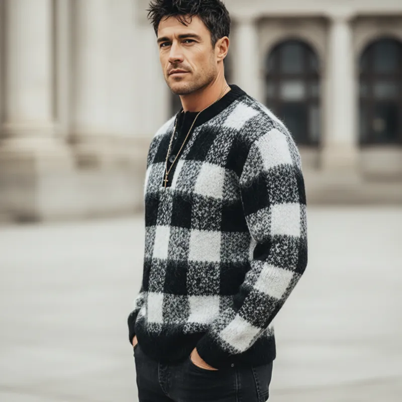 Men's Urban Three-Button Henley Collar Checkered Knit Sweater MTA1496K7U sold by Manly product image thumbnail 3