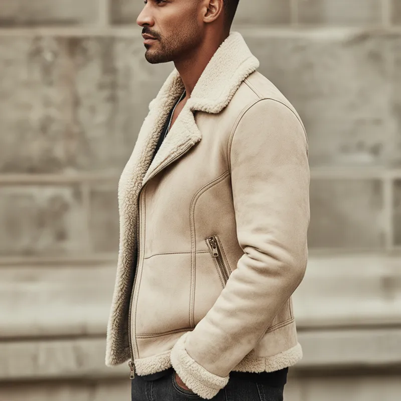 Men's Urban Beige Suede Lambswool Lined Zip-Up Jacket MTA1410K4U sold by Manly product image thumbnail 3