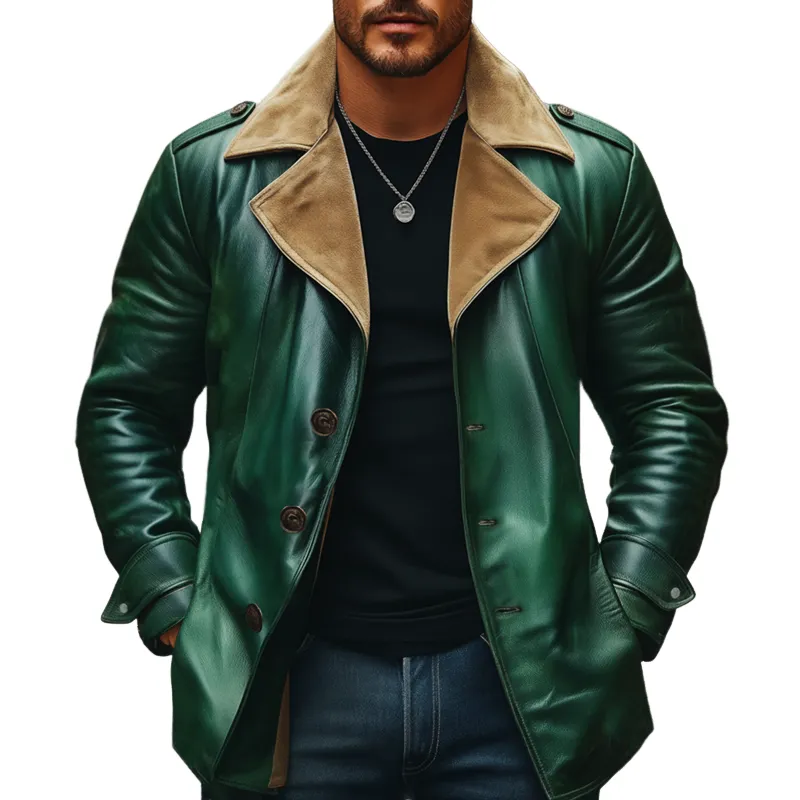 Men's Retro Color-Blocked Collar Green PU Leather Short Coat MTA1425K7U sold by Manly
