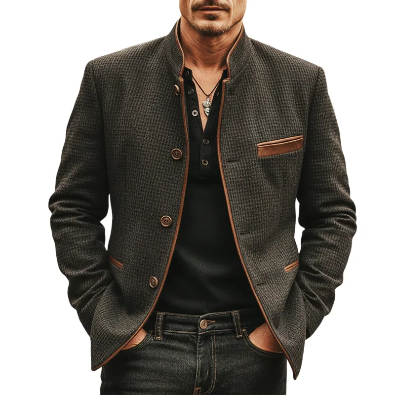 Men's Business Corduroy Plaid Textured Stand Collar Button Jacket MTA1404K0U sold by Manly