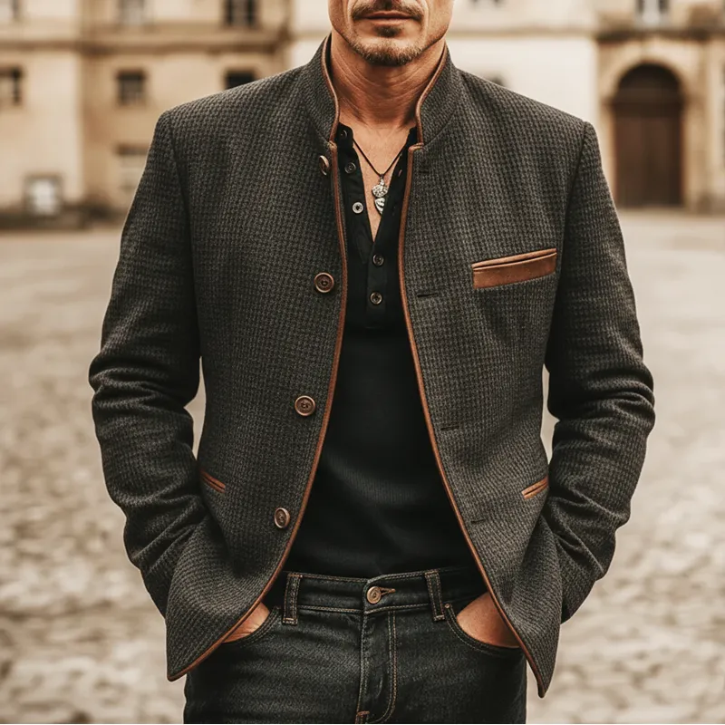 Men's Business Corduroy Plaid Textured Stand Collar Button Jacket MTA1404K0U sold by Manly product image thumbnail 2