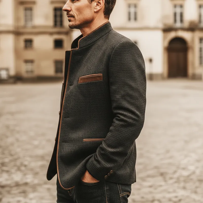 Men's Business Corduroy Plaid Textured Stand Collar Button Jacket MTA1404K0U sold by Manly product image thumbnail 3