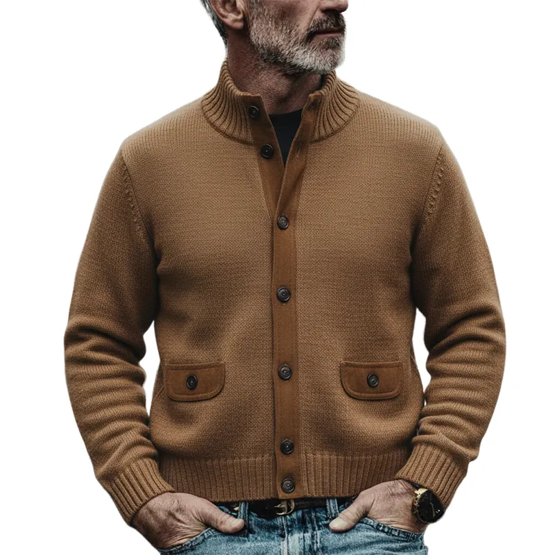 Men's Solid Color Patchwork Knit Stand Collar Button Cardigan MTA1377K6X sold by Manly