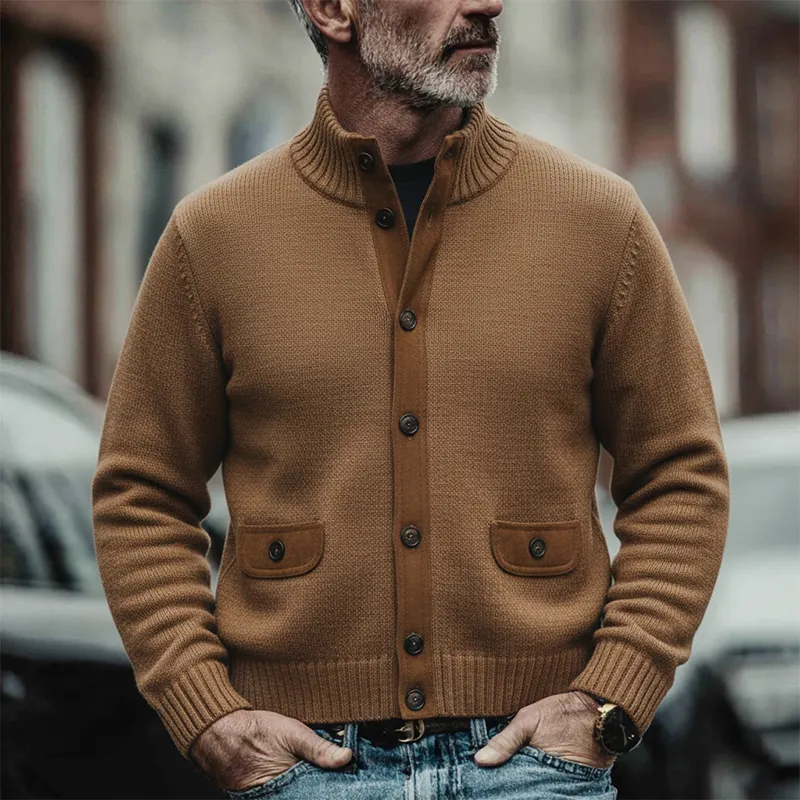 Men's Solid Color Patchwork Knit Stand Collar Button Cardigan MTA1377K6X sold by Manly product image thumbnail 2