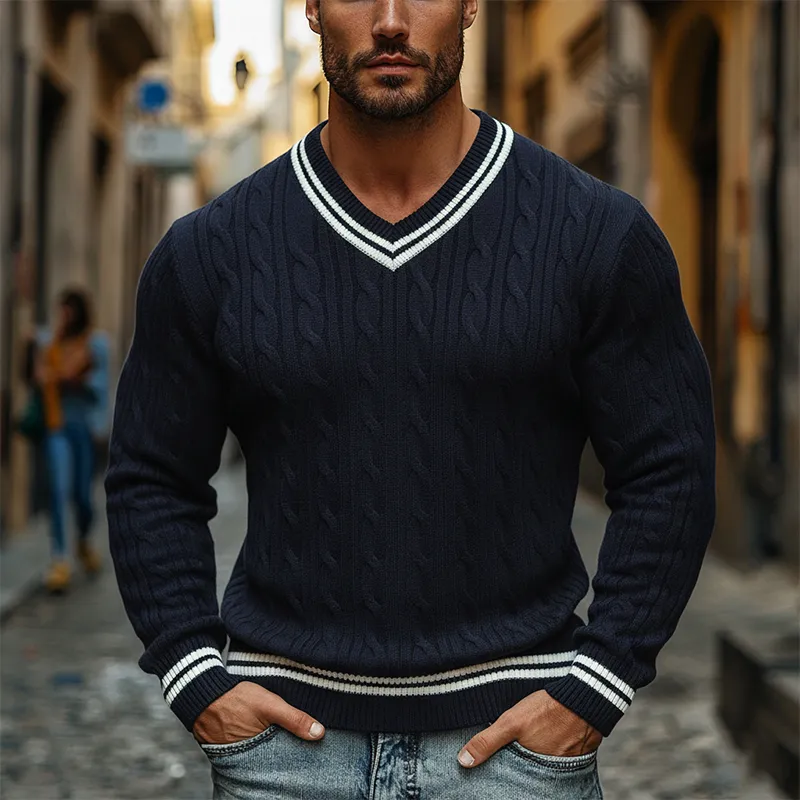 Men's Knitted Color-blocked V-neck Cable Knit Pullover Sweater MTA1319K1X sold by Manly product image thumbnail 2