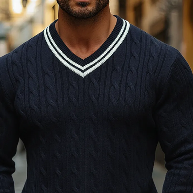 Men's Knitted Color-blocked V-neck Cable Knit Pullover Sweater MTA1319K1X sold by Manly product image thumbnail 3