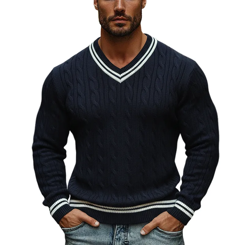 Men's Knitted Color-blocked V-neck Cable Knit Pullover Sweater MTA1319K1X sold by Manly