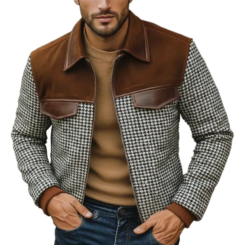 Men's Winter Retro Houndstooth Faux Suede Patchwork Jacket MTA1286K8P sold by Manly