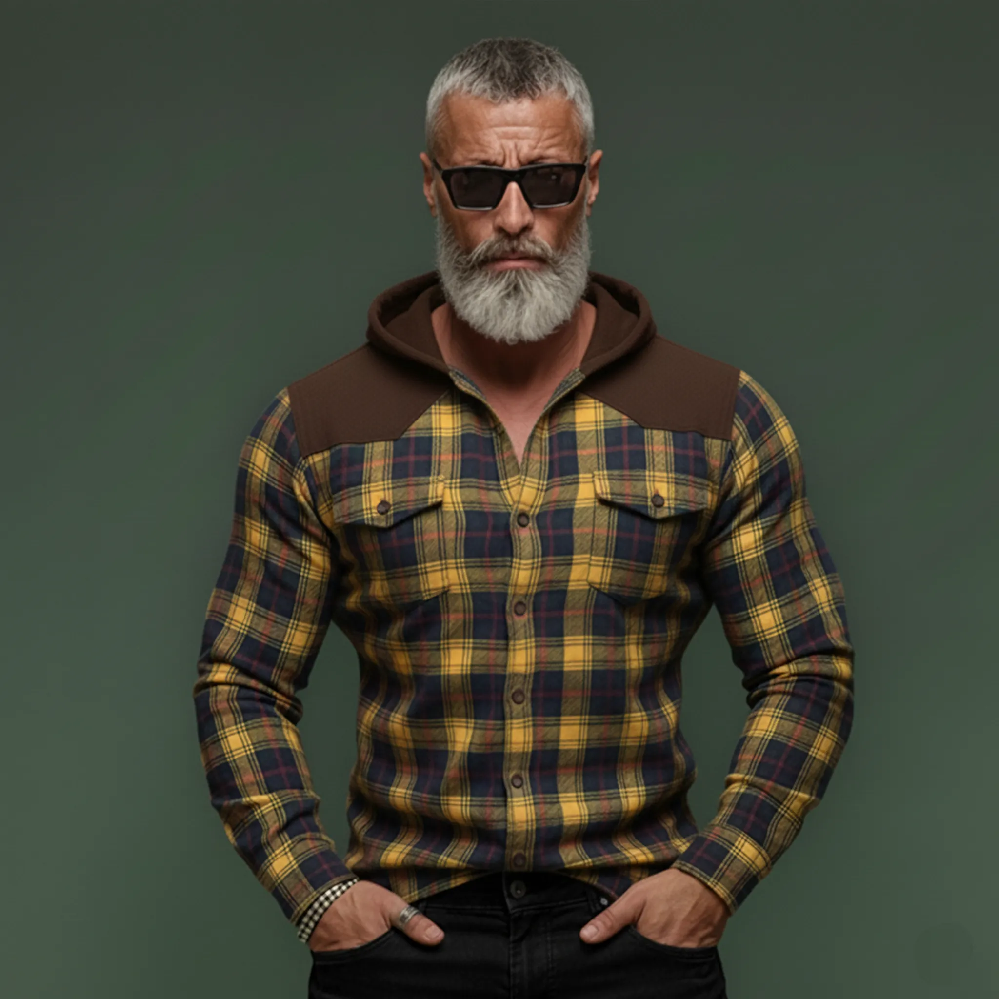 Men's Casual Rugged Style Patchwork Faux Suede Hooded Plaid Brushed Long-Sleeve Shirt MTA1313K7K sold by Manly product image thumbnail 3